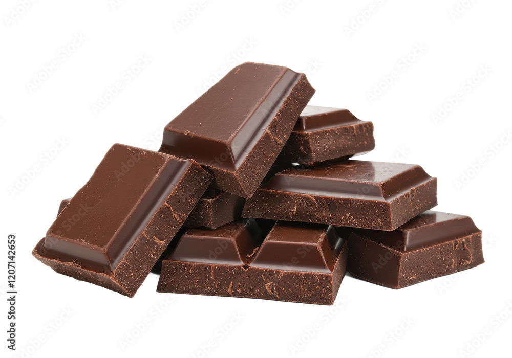A pile of broken dark chocolate chunks with sharp edges, isolated on a white background A pile of broken dark chocolate chunks with sharp edges, isolated on a white background