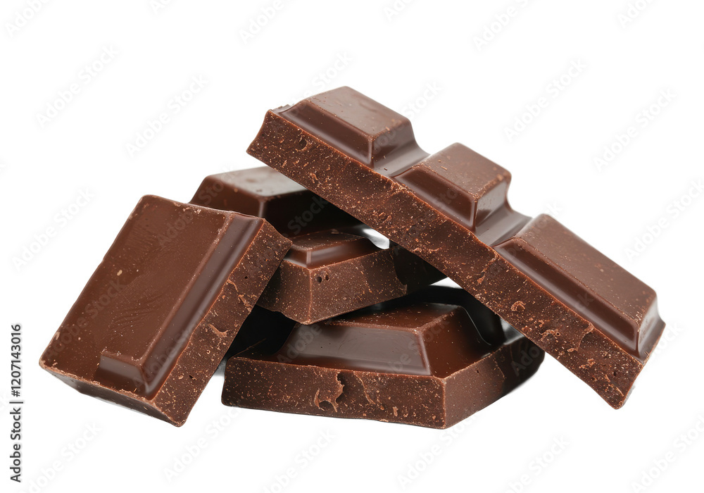 A pile of broken dark chocolate chunks with sharp edges, isolated on a white background A pile of broken dark chocolate chunks with sharp edges, isolated on a white background