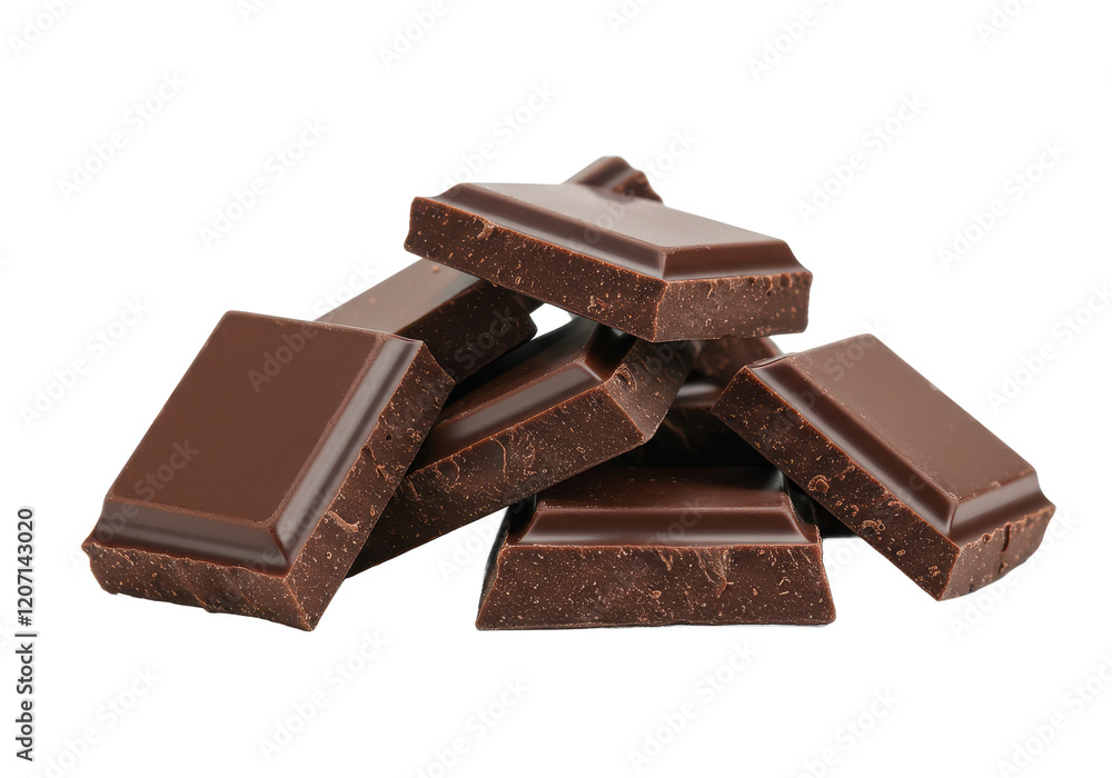 A pile of broken dark chocolate chunks with sharp edges, isolated on a white background A pile of broken dark chocolate chunks with sharp edges, isolated on a white background