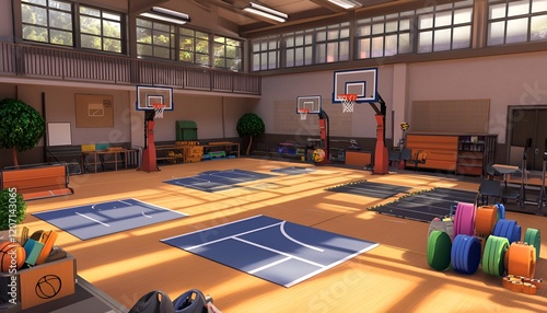 A school gymnasium with basketball hoops, gym mats, and neatly arranged sports equipment