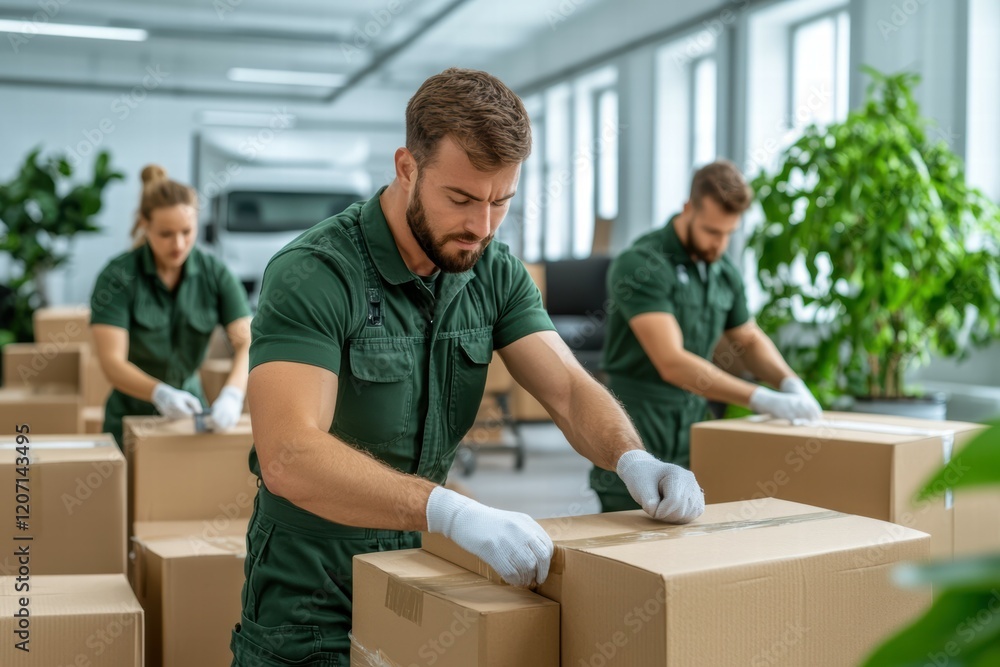 A professional moving team efficiently handles a relocation task. The movers in uniform are coordinating the packing and transportation of items with precision and care. A professional moving team efficiently handles a relocation task. The movers in uniform are coordinating the packing and transportation of items with precision and care.