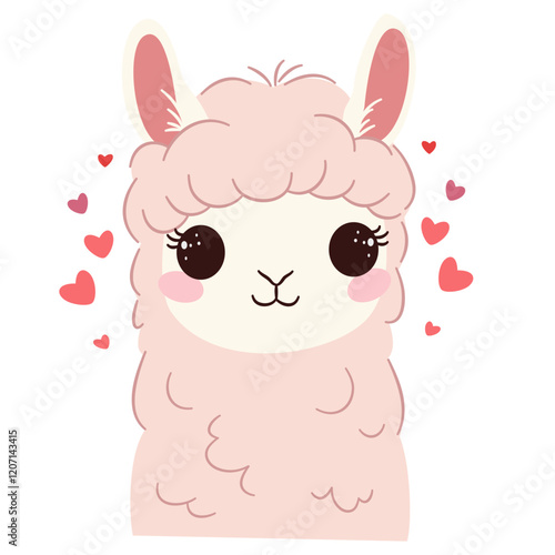 Cute llama face with big eyes, hearts around it. Flat vector illustration in simple childish style. Vector illustration