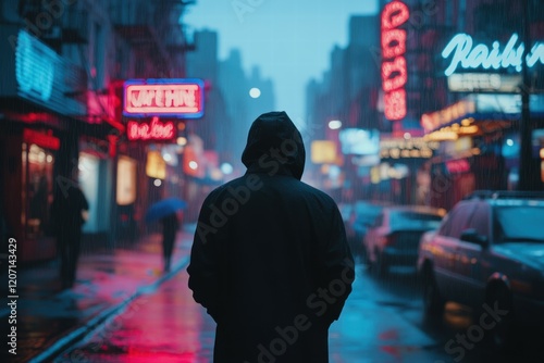 A solitary figure strides down a dimly lit, rain-soaked street. The scene captures an atmospheric urban nightscape, where reflections gleam under moody streetlights.