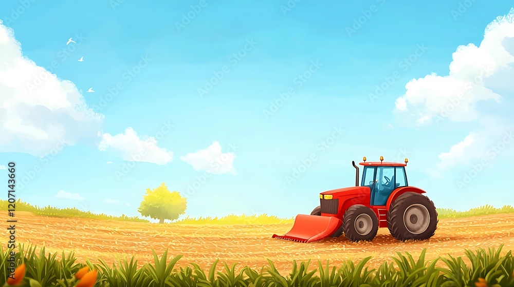 Obraz premium Red tractor harvesting golden field, sunny day, farmland