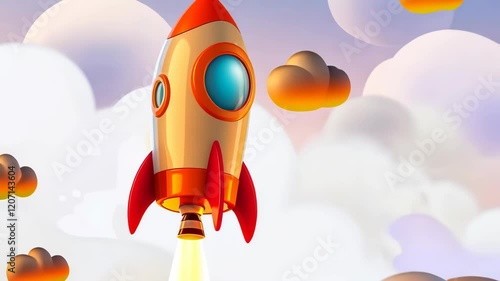 An orange-red rocket flies through a cloudy sky, creating a vibrant contrast and dramatic atmosphere