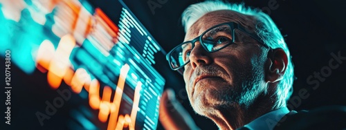 Focused Businessman Analyzing Stock Market Trends on Digital Screen with Graphs and Data in Dark Environment