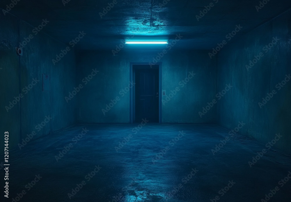 Fototapeta premium Dark blue neon-lit hallway with a door.