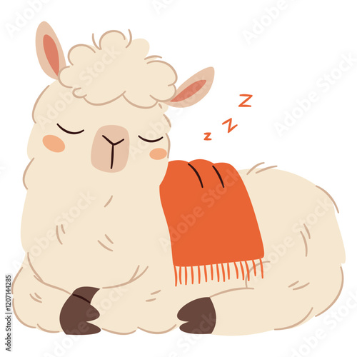 A cute llama sleeping on a white background. Flat vector illustration in simple style. Vector illustration