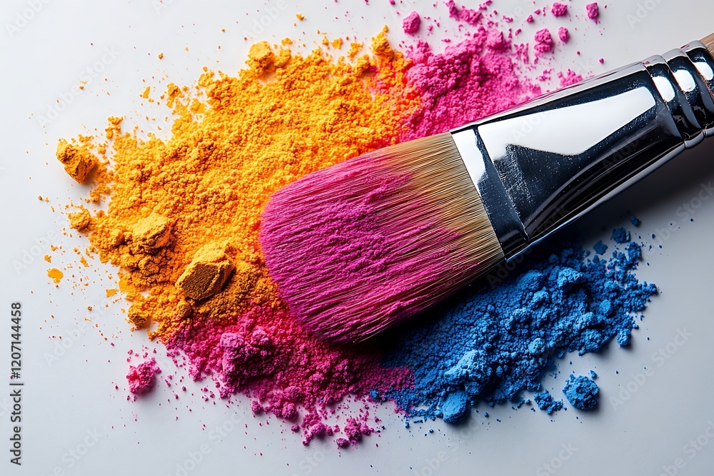 A paintbrush with colorful pigments on a white background A paintbrush with colorful pigments on a white background