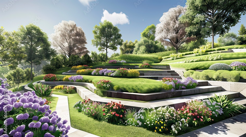 Obraz premium A garden design with layered terraces and blooming flowers. stock photo --ar 16:9 --style raw --v 6 Job ID: 9c0b8bde-b2d0-43a7-9b2e-76ca5e54d33f