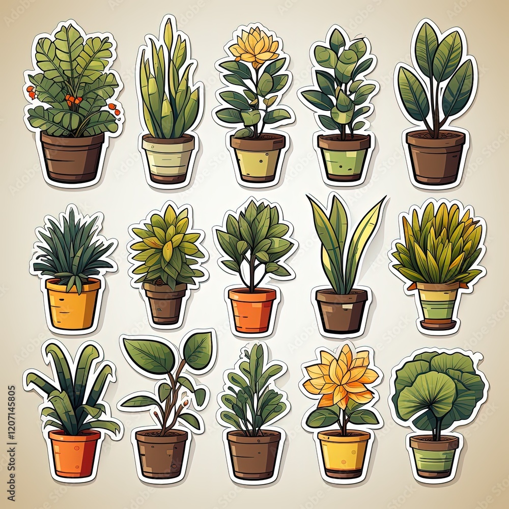 Modern Flat Vector Illustration of a Botanical Plant Sticker Sheet Modern Flat Vector Illustration of a Botanical Plant Sticker Sheet