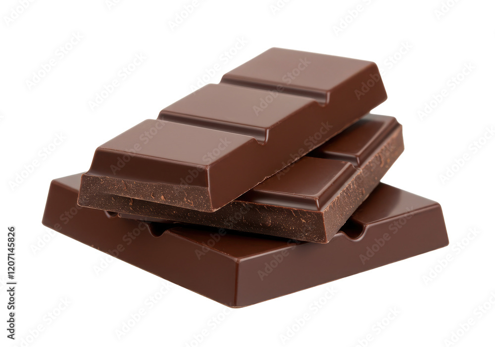Three stacked dark chocolate bars with clean edges and smooth surfaces, isolated on a white background