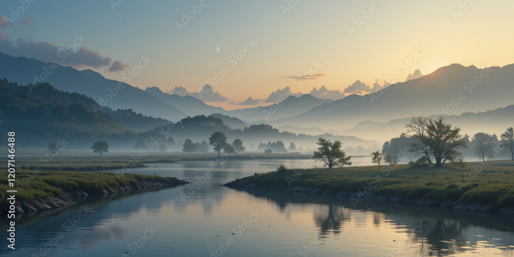 Fototapeta premium beautiful landscape at dawn with the moon