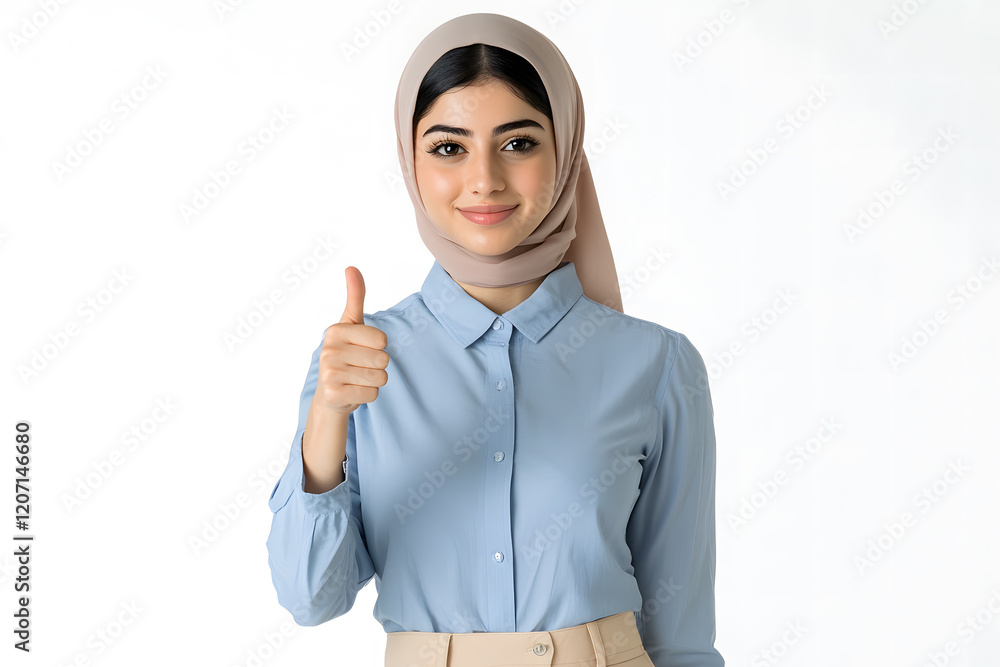 a confident muslim businesswoman smiling and showing a thumbs-up gesture a confident muslim businesswoman smiling and showing a thumbs-up gesture
