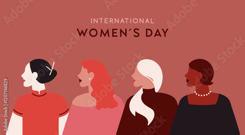 International Women's Day banner. Vector horizontal illustration in modern flat style of a group of diverse multiracial women. Isolated on dark background