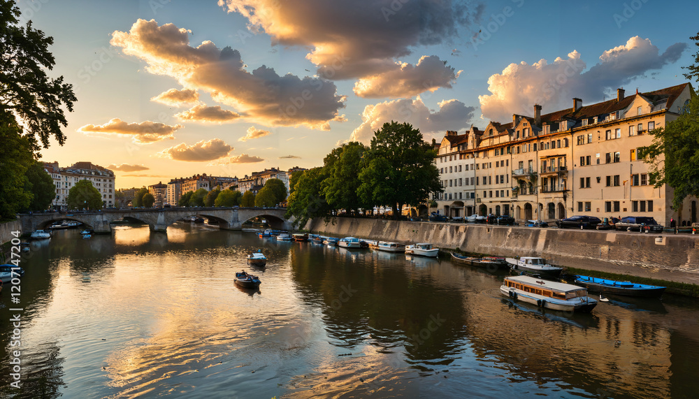 Naklejka premium Coucher de soleil sur la rivière et les bâtiments historiques