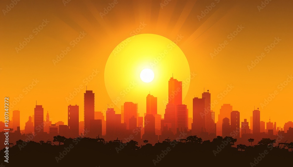 A city skyline with a bright, yellow sun rising in the background, creating a warm and hopeful atmosphere. A city skyline with a bright, yellow sun rising in the background, creating a warm and hopeful atmosphere.