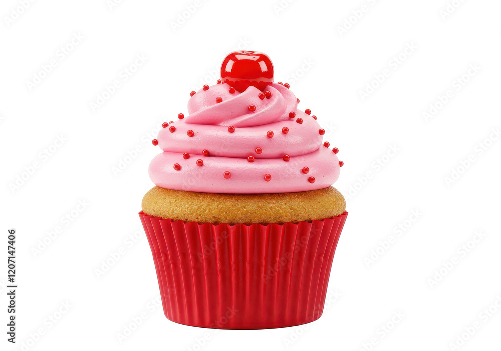 A vanilla cupcake in a red wrapper, topped with pink frosting, red sprinkles, and a glossy cherry A vanilla cupcake in a red wrapper, topped with pink frosting, red sprinkles, and a glossy cherry