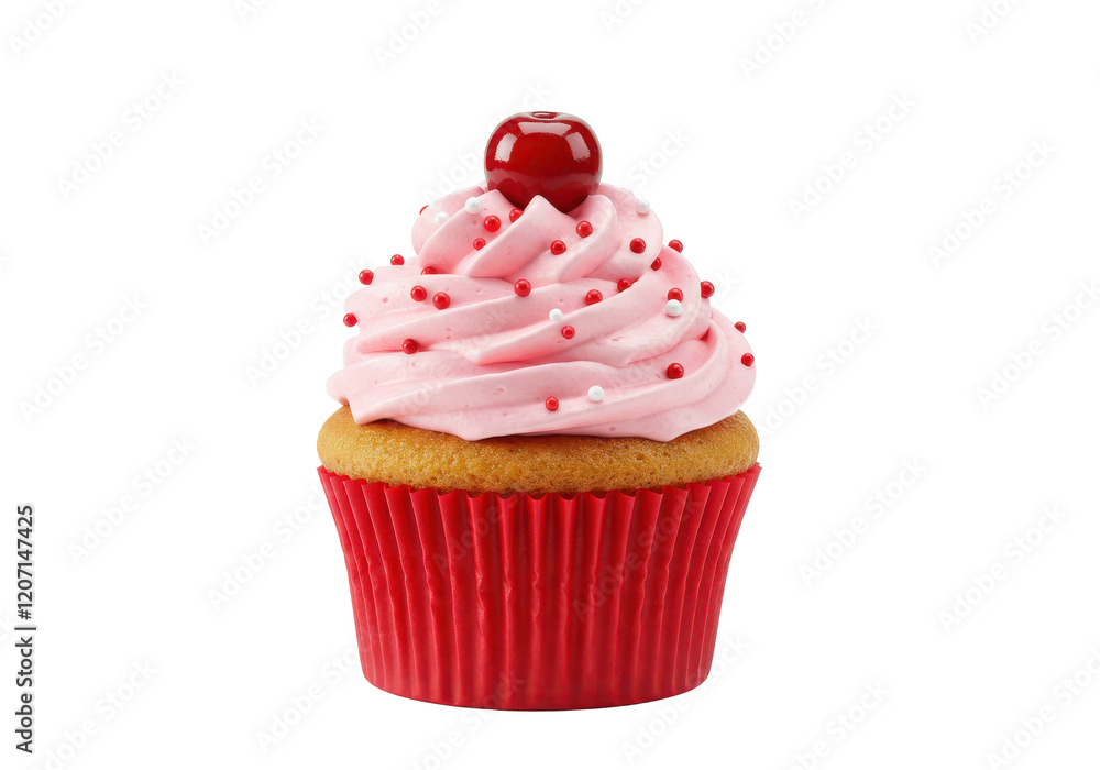 A vanilla cupcake in a red wrapper, topped with pink frosting, red sprinkles, and a glossy cherry