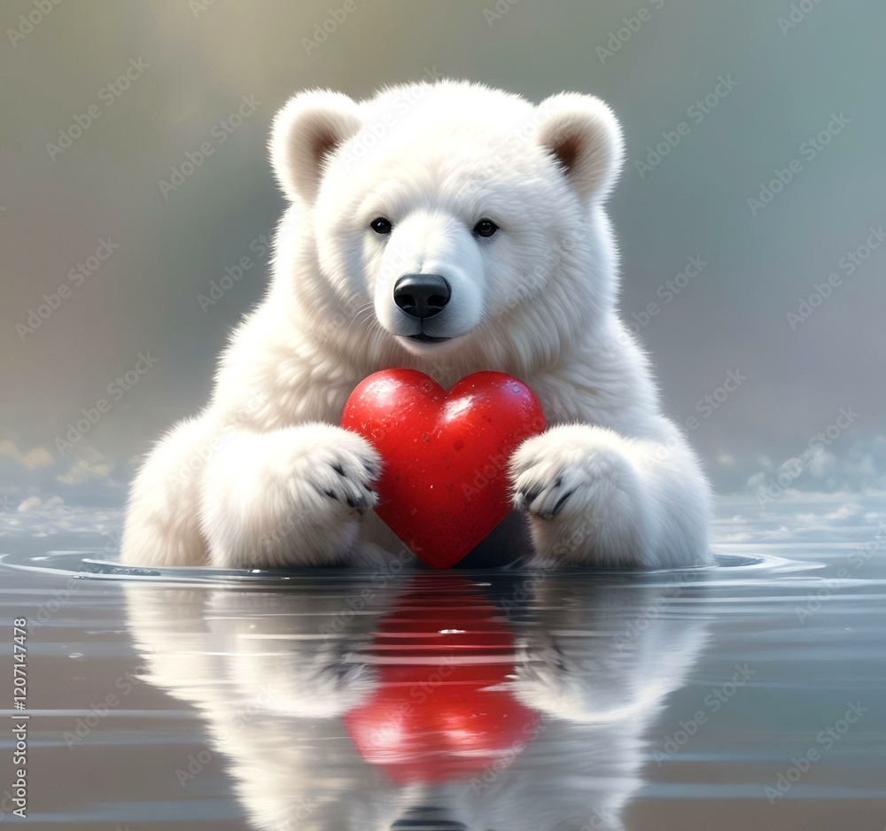 Fototapeta premium Illustration of fluffy bear with red heart.