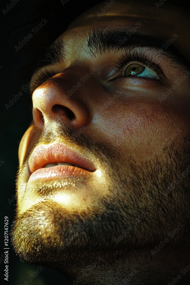 Obraz premium A handsome man, a close-up of his face in the dark, illuminated by sunlight from above. The light shines on his eyes and nose, creating a soft glow effect. He is looking up at something