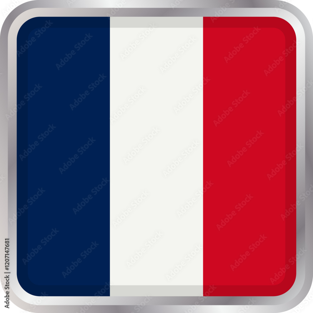French flag icon of a rectangular shape with rounded corners and silver coloured frame. The national flag of France. Vector icon on a transparent background French flag icon of a rectangular shape with rounded corners and silver coloured frame. The national flag of France. Vector icon on a transparent background