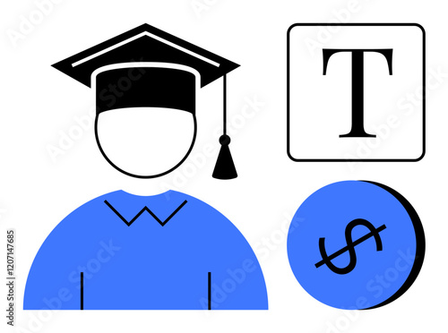 Student figure wearing a graduation cap, large dollar sign inside a circle, and a text block. Ideal for education, learning, finance, scholarship, knowledge, literacy and student success themes