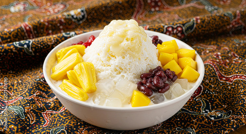 Malaysia tradition iced sweet dessert mixed bean ice, (Ais Batu Campur) white bowl, kain batik cloth as background photo