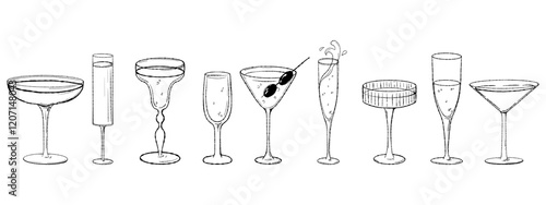Alcoholic Cocktails. Drinks glasses for Martini and olives, margarita, daiquiri, old fashioned, manhattan, mimosa, cosmopolitan, Champagne, wine. hand drawn doodle, vintage style.