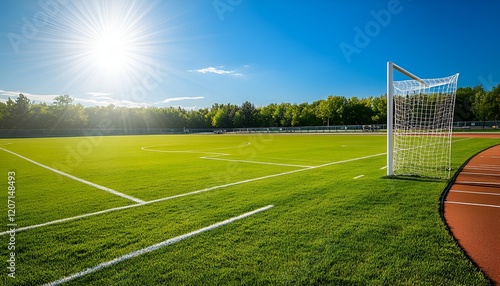 A school sports field with a soccer goalpost, running track, and bright sunlight