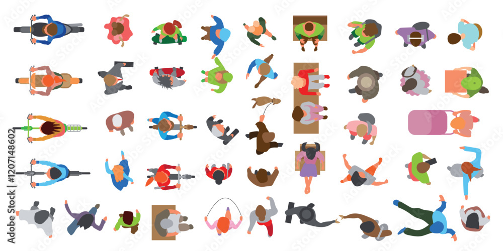 Top view of people of different genders and ages walking, standing, sitting on a couch, armchair, riding a scooter, bicycle, skateboard, motorcycle. View from above. Aerial. Colourful set of vector Top view of people of different genders and ages walking, standing, sitting on a couch, armchair, riding a scooter, bicycle, skateboard, motorcycle. View from above. Aerial. Colourful set of vector