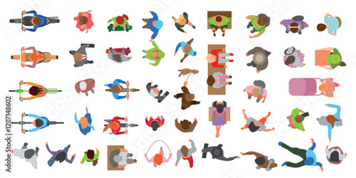 Top view of people of different genders and ages walking, standing, sitting on a couch, armchair, riding a scooter, bicycle, skateboard, motorcycle. View from above. Aerial. Colourful set of vector