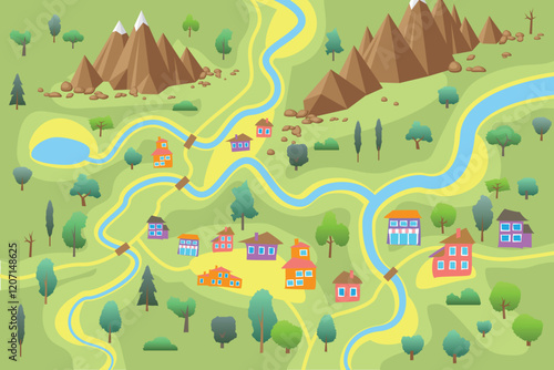 Top view of a colorful landscape map with rivers, bridges, houses, trees, and mountains. Rural areas, geography, travel concepts in a playful, cartoonish style. Aerial. View from above.