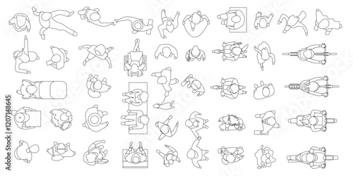 Top view of a set of linear vector illustrations, people of different genders and ages walking, standing, sitting on sofa, armchair, riding scooter, bicycle, board, motorcycle. Aerial. View from above