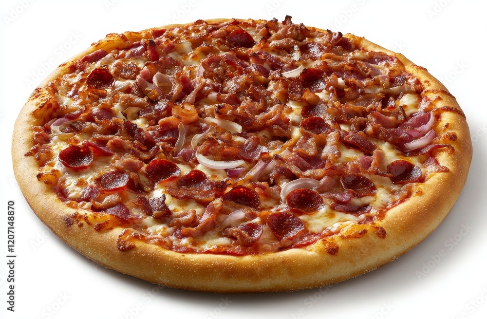 Delicious pepperoni and bacon pizza with onions.