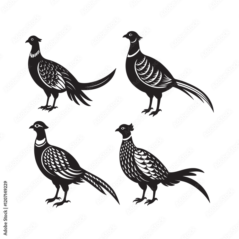 Fototapeta premium set of pheasant silhouette, black and white silhouette, vector and illustration