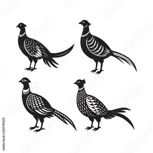 set of pheasant silhouette, black and white silhouette, vector and illustration