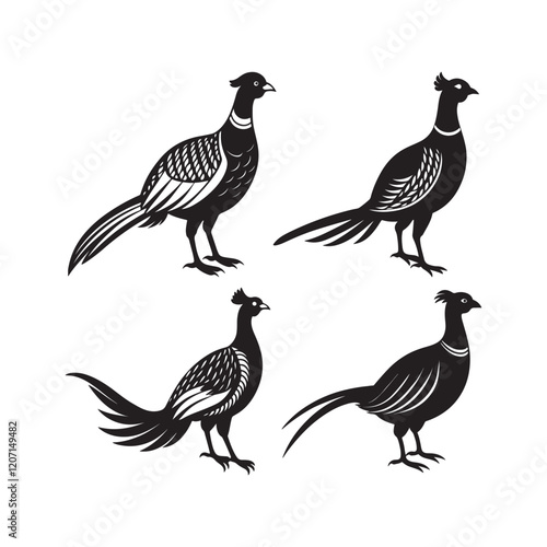 set of pheasant silhouette, black and white silhouette, vector and illustration