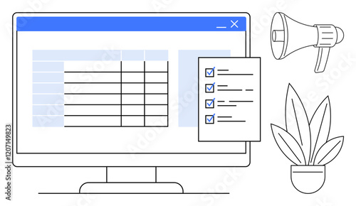 Desktop monitor displaying table data, accompanied by a checklist, megaphone, and potted plant. Ideal for productivity, project management, organization, communication, efficiency workplace decor