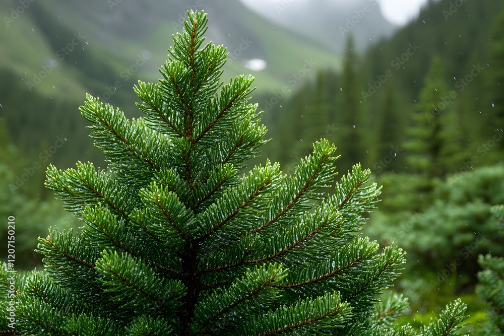 Obraz premium Lush Evergreen Pine in Misty Mountain Landscape for Nature and Holiday Designs