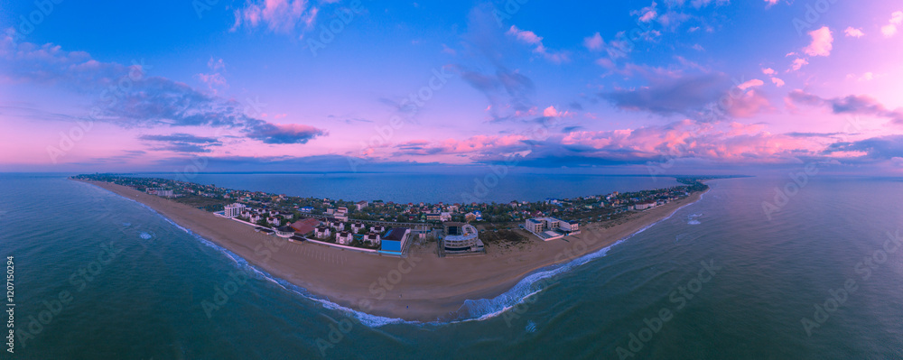 Aerial view of the spit in the sea in daylight. Top view of the sea and estuary. Zatoka, Odessa, Ukraine