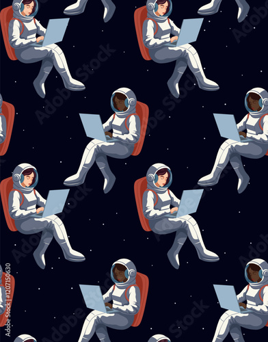 Vector seamless pattern with African and European women astronauts with laptop in weightlessness. Texture with spacewomen in cosmos. Freelance work. Study anywhere