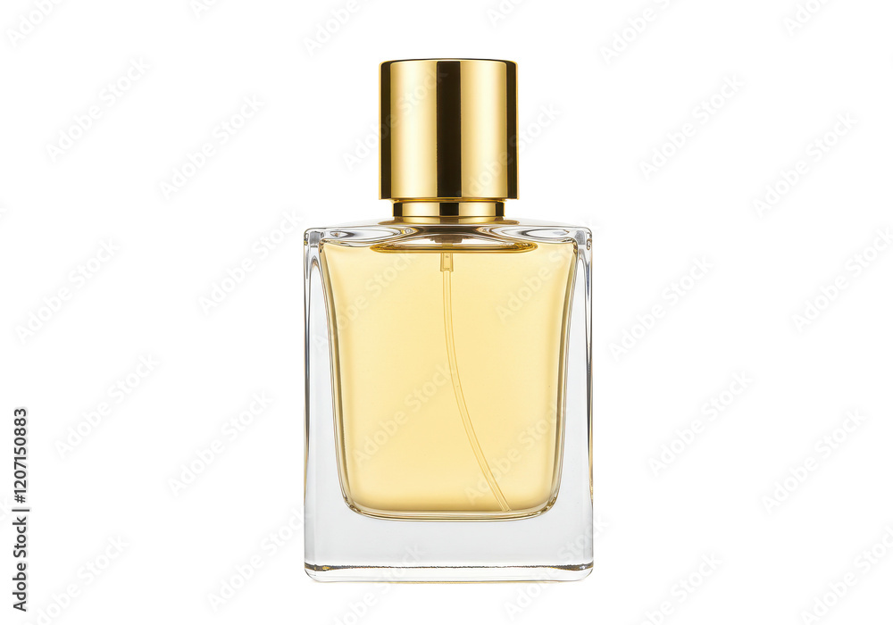 A transparent glass perfume bottle with golden liquid and a metallic gold cap, isolated on a white background A transparent glass perfume bottle with golden liquid and a metallic gold cap, isolated on a white background