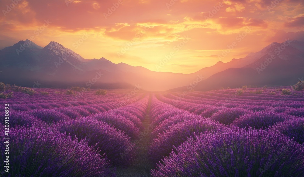 Vibrant sunset over a vast lavender field, mountains in the background. Vibrant sunset over a vast lavender field, mountains in the background.