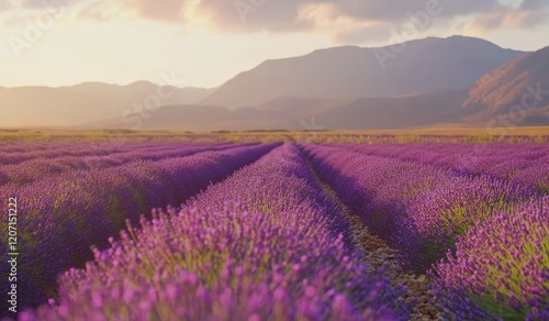 Majestic sunset over rows of vibrant lavender fields and distant mountains.