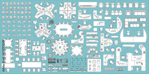 A set of isolated vector icons top view of office furniture, tables, chairs, bookcases, plants and office workers. Office space design. View from above.