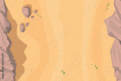 Top view of desert landscape with a sandy expanse and subtle texture. Features rugged cliffs on both sides, scattered rocks, and small green bushes. Aerial. View from above.