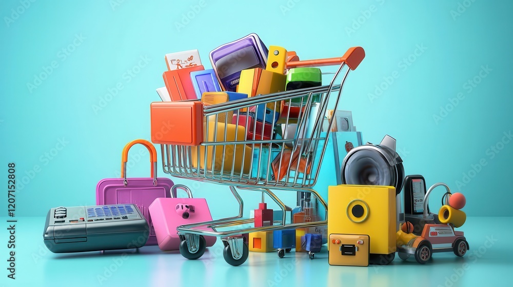 Obraz premium Shopping cart with household goods,Home appliances in the shopping cart,Ecommerce or online shopping ,appliances and electronics,sales and retail concept,Metal shopping cart,copy space.
