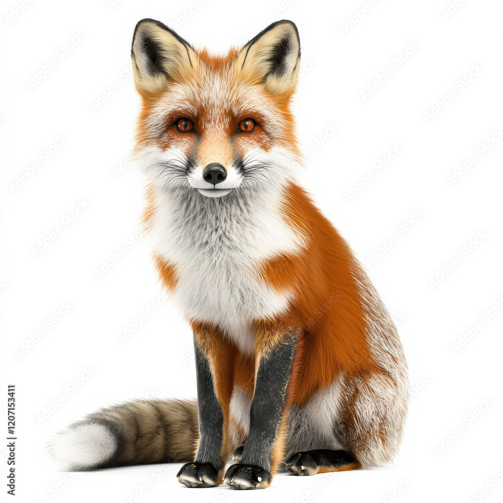 Naklejka premium Red fox sitting, alert, lush fur, isolated white