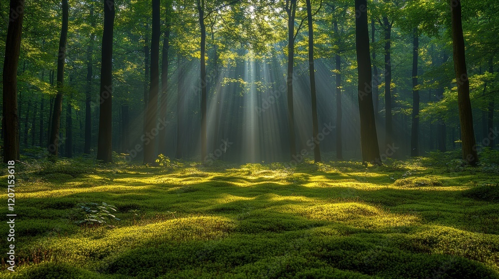 Fototapeta premium Sunlight filtering through trees in a serene forest. Concept of nature and tranquility.